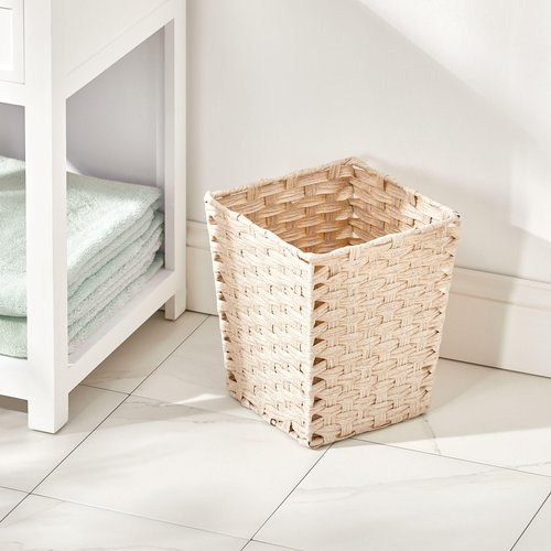 mDesign Small Woven Basket Trash Can Wastebasket - Square Garbage Container Bin for Bathrooms, Kitchens, Home Offices, Craft, Laundry, Utility Rooms, Garages - Cream/Beige
