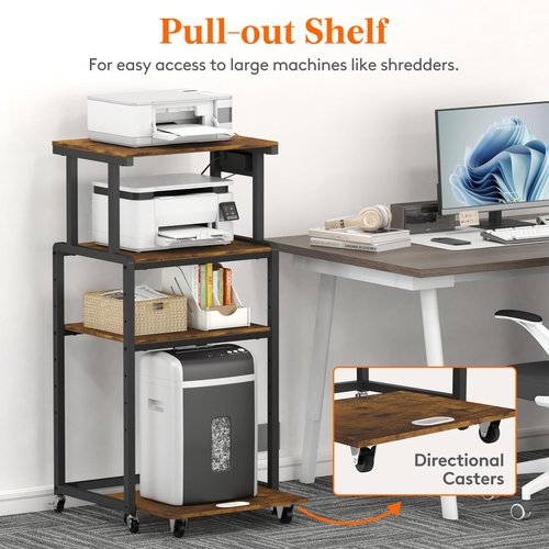 Lifewit 4 Tier Printer Stand with 3 Power Outlets, Wheels and Adjustable Storage Shelf for Home Office, Rolling Printer Cart for Shredder, Scanner, Fax, Rustic Brown