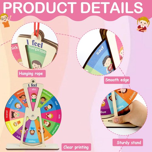 Wooden Feelings Wheel Emotion Wheel with Stand 9.5Inch Therapy Office Desk Decor Expression Emotions Chart Mental Health Gifts Therapist Must Have Feelings Poster Sign Emotional Psychology Tool Decor