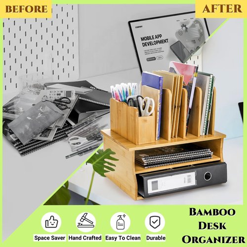 Noamus Bamboo Desk Organizer with File Holder, 3 Tier Office Desktop Organizers with Adjustable Pen Cup, 13" Letter Paper Tray Storage Cubby for Home School Classroom Kitchen Bedroom Supply(Natural)
