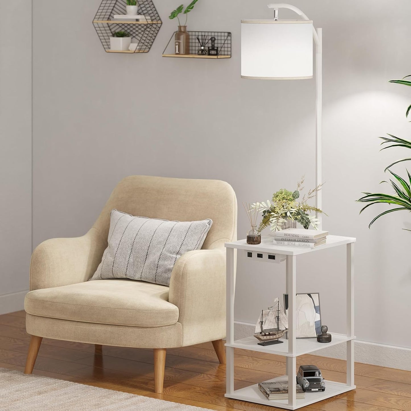 SUNMORY Floor Lamp with Table - Modern Nightstand & Charging Station | 3 Color Temperatures, USB & AC Ports