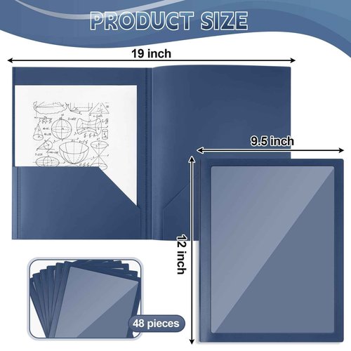 Teling 48 Pcs Plastic Folders with Front Clear Pocket and Business Card Holder 2 Pocket Folders Letter Size Paper for School Office Supplies Nice Gift for Christmas New Year School Supply (Dark Blue)
