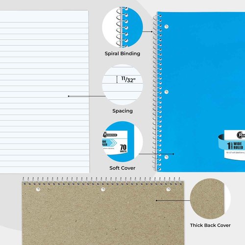 Rosmonde Spiral Notebooks, 24 Pack, 1 Subject Notebook, Wide Ruled, 70 Sheets, 8 x 10-1/2", 3 Hole Punched, School Supplies, Bulk Single Subject Spiral Notebook Bulk, Assorted Colors Pack of Notebooks