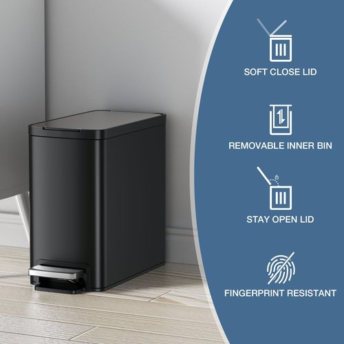Bscann Bathroom Trash can with Lid,8 Liter/2.1 Gal Small Compact Trash Bin with Removable Inner Bucket,Stainless Steel Garbage Can for Bathroom,Bedroom,Office,Black