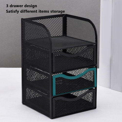 HEEPDD 3 Tier Mesh Office Desktop Organizer with 3 Drawer, Mini Desk Supplies Office Supplies Organizer Metal Stationary Black Desk Caddy