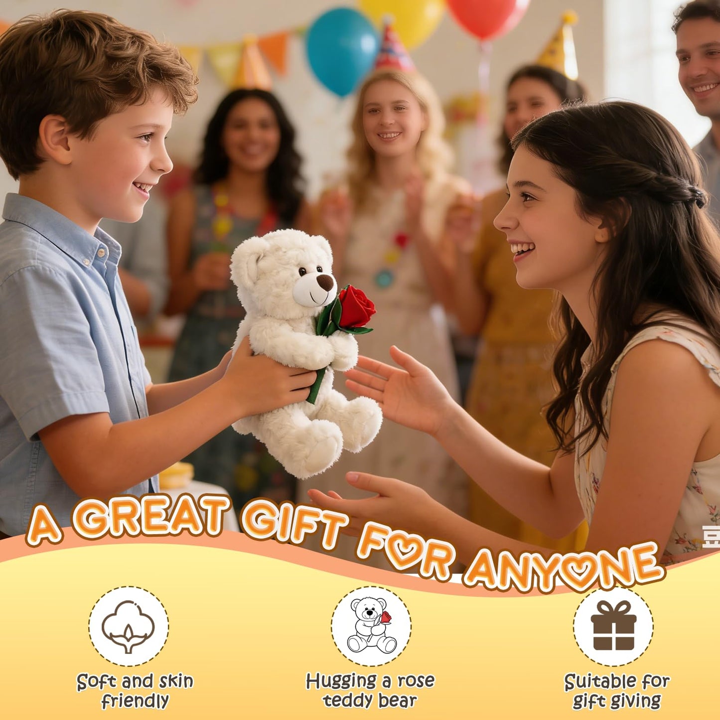 Bakalizoo 12'' Stuffed Teddy Bear Dolls with Rose, Soft Plush Animal Toys for Her/Girlfriend Lover Mom Kids Gifts (White/Rose)