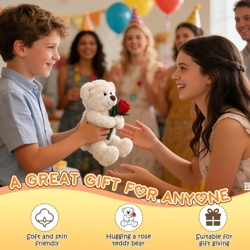 Bakalizoo 12'' Stuffed Teddy Bear Dolls with Rose, Soft Plush Animal Toys for Her/Girlfriend Lover Mom Kids Gifts (White/Rose)