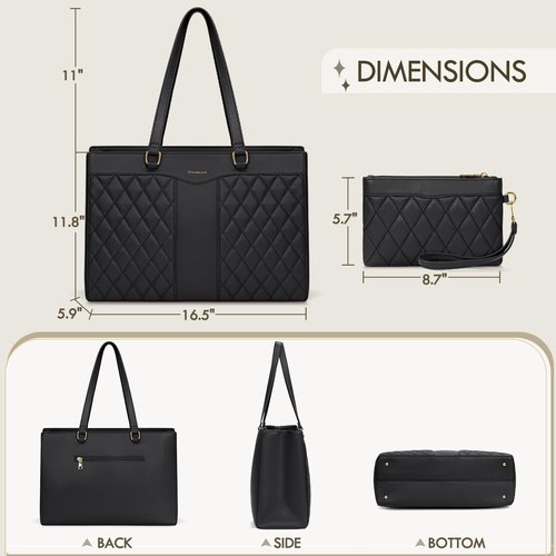 RAINSMORE Laptop Bag for Women 15.6 Inch Work Tote Bags Leather Laptop Tote Professional Laptop Purse Computer Handbag Womens Briefcase Tote with Clutch for Teacher Office Travel, Black