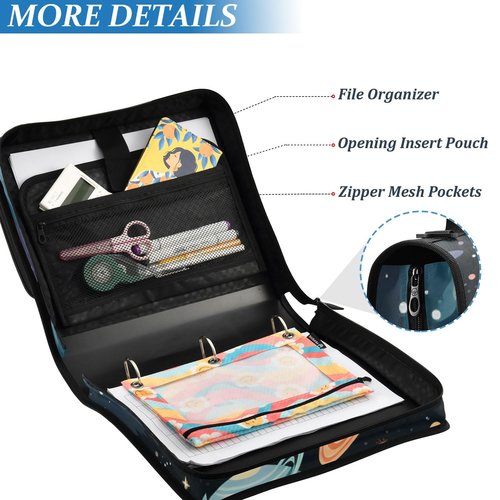 ARGTILDN Space Planet Astronomy 3 Ring Zipper Binder with Handle 1.5 inch Binder Organizer, Multi Pockets Office File Folder with Shoulder Strap 500 Sheet Capacity