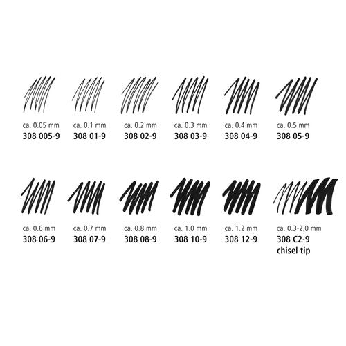 STAEDTLER Pigment Liner Pack, Black, 6 Pens, Assorted Line Widths, 0.05mm, 0.1mm, 0.2mm, 0.3mm, 0.5mm, 0.8mm
