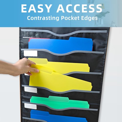 ALSLEA 11 Pockets Hanging Wall File Organizer 15" Extra Wide Pocket Chart for Classroom, Office, Home, Mail Organizer Wall Mounted with 1 Writable Clear Pocket, 5 Wall/Door Hooks & 12 Labels (Black)