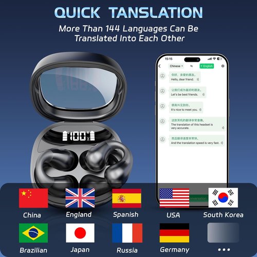 AI Language Translation Earbuds Real Time, for 144 Languages & 98 Accents, 4 - in - 1 Translation Earbuds with Charging Case for Travel and Business,Conferences Black