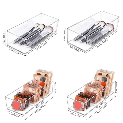 JessLab Acrylic Organizers, Bathroom Organizer for Drawer, 4-Pack Cosmetic Display Cases for Vanity, Countertop, Desk, Kitchen, and Makeup Storage, 2 of 1-Compartment and 2 of 3-Compartment