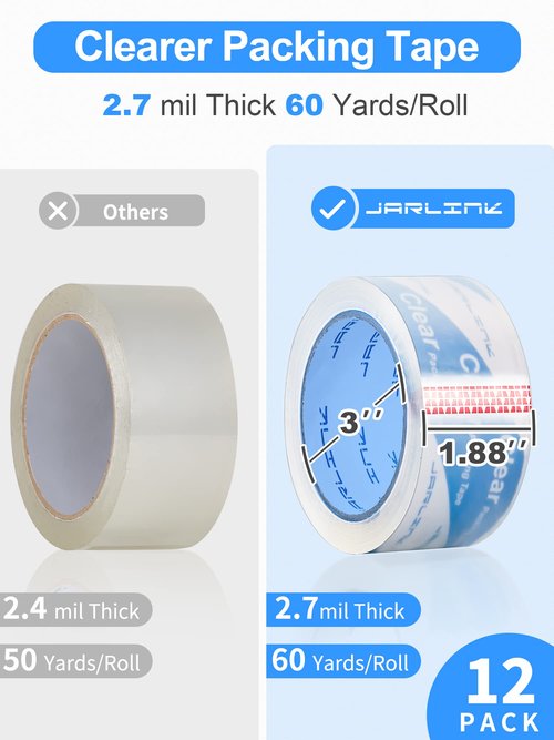 JARLINK Clearer Packing Tape 12 Rolls, Heavy Duty Packaging Tape for Shipping Packaging Moving Sealing, 2.7mil Thick, 1.88 inches Wide, 60 Yards Per Roll, 720 Total Yards