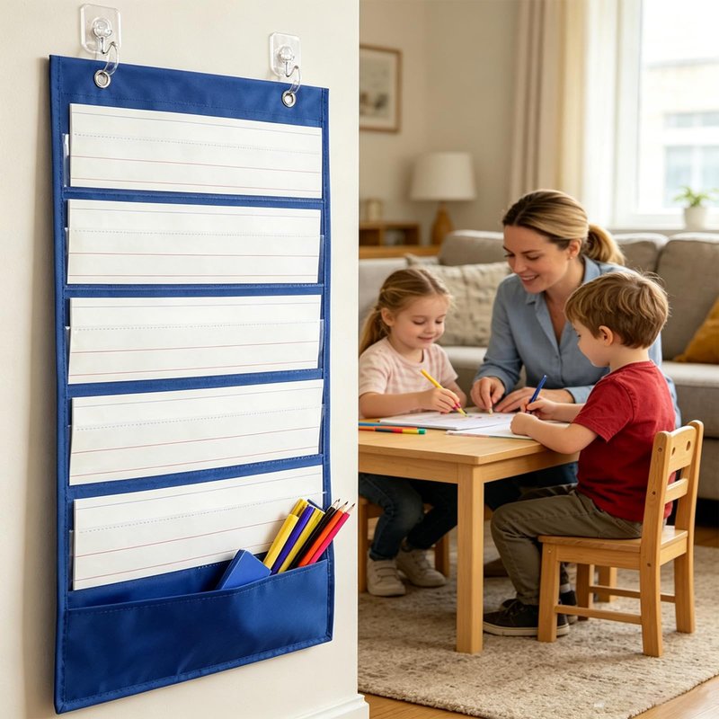 Mewise Pocket Chart with 10 Double Sided Sentence Strips, Activities, Class Demonstrations, Standards Pocket Chart, 420D Polyester, Blue