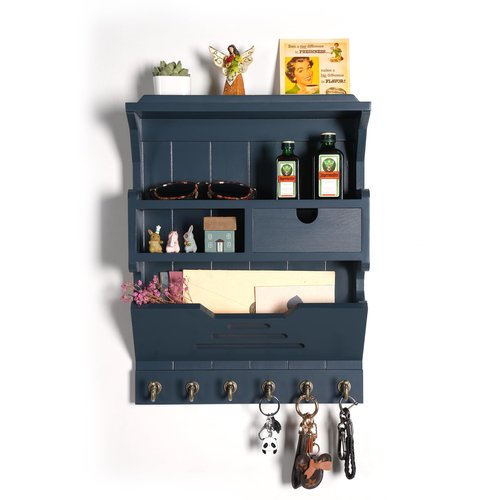 HEKFL Wall Mail Organizer with Storage Drawer and 6 Hooks, Easy Install Key Rack for Entryway and Home Decor, Luxury Gray