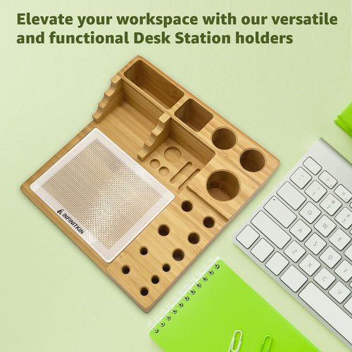 INFINITKIN Bamboo Desk Organizer, Wax Carving Tools Holder with Non-stick Silicone Mat Pad for 4-Claw Pick-up Tool, Cotton Swabs, Pens, and Tool Accessories -Great for Temporary Small Tool Projects