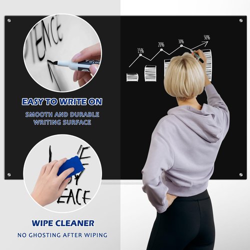 WALGLASS Black Dry Erase Board 24"x18" Magnetic Glass Board, Framless Black Glass Whiteboard for Walls, Bulletin Board for Office, School, Includes 6 Strong Magnets, 1 Pen Tray