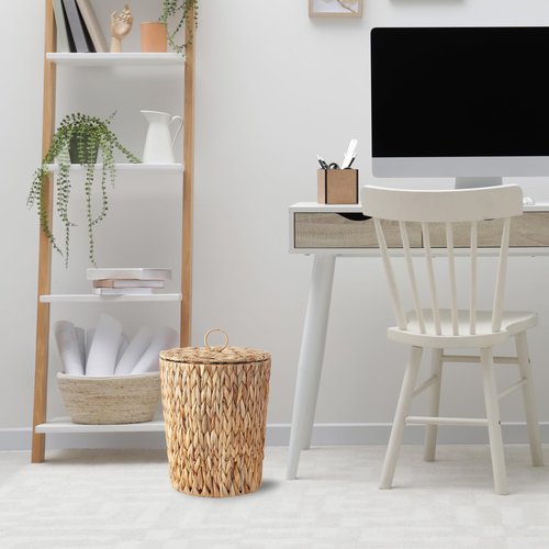 4 Gallons Wicker Trash Can with Lid - Bathroom Garbage Can - Boho Hand Woven Natural Water Hyacinth Wicker Waste Basket for Bedroom, Living Room, Home, Office