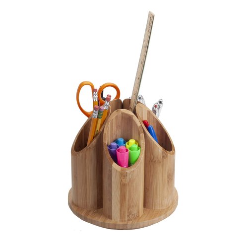 MobileVision Bamboo Rotating Office & Art Supply Organizer 5 Circular Compartments for Pens, Pencils, Highlighters, Markers, Scissors, Accessories & More