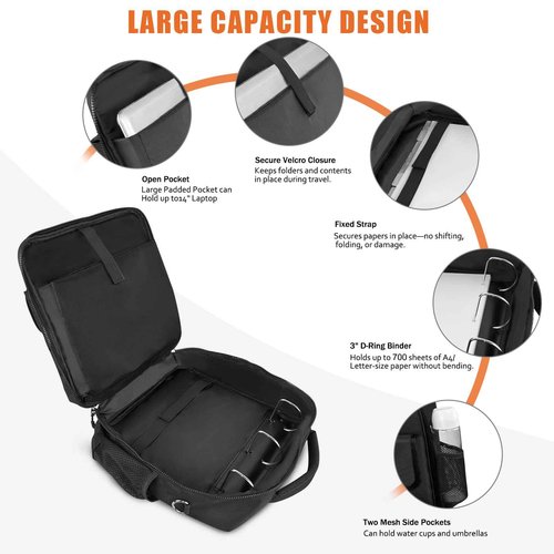 JIATEMET 3-inch D Ring with Multiple Pockets Folder,Up 14" Laptop Detachable Backpack Straps & Shoulder Use for Office (Black)