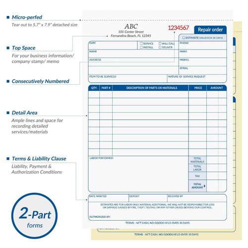 Harfesto Repair Order Book, 2 Part Carbonless Job Work Order Forms - White/Yellow, 5-7/10 x 8-1/4 Inches, Invoice Receipt Book for Small Business, Consecutively Numbered, 400 Sets (8 Packs)