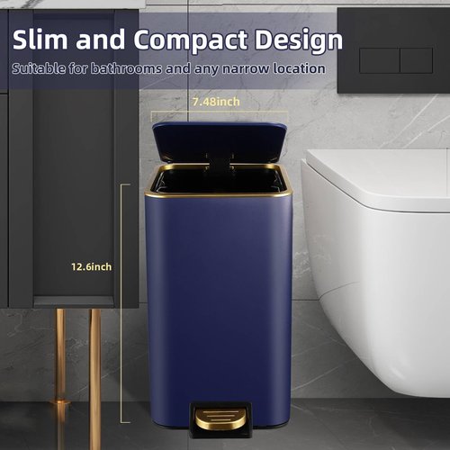 XLHOMO Small Bathroom Trash Can with Lid Soft Close, 1.8 Gallon Stainless Steel Garbage Can with Removable Inner Bucket,Wicker Storage Baskets,75Count Trash Bags, Slim Step Pedal Trash Bins