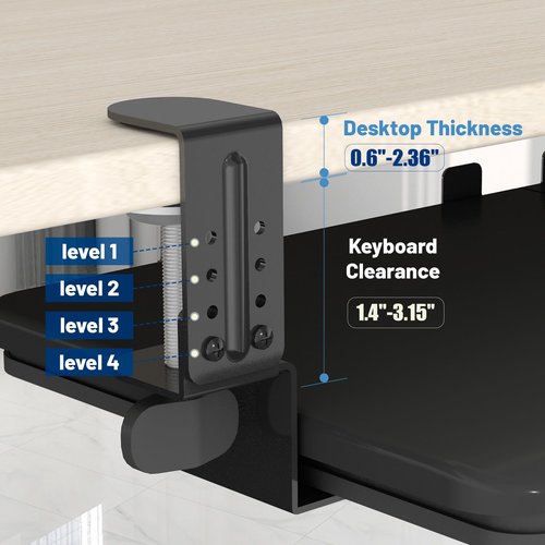 PiomuDek Keyboard Tray Under Desk Slide, 25.6"(30” Including Clamps) x 11.8" Height Adjustable Slide-Out Keyboard Drawer with C Clamp, Ergonomic Pull Out Platform Computer Drawer for Typing, Black