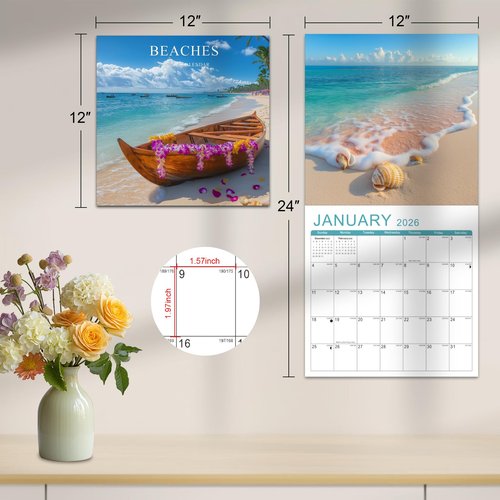 Gannyfer Calendar 2025-2026, July 2025 to December 2026, 18 Months Wall Calendar 2025-2026, Large Wall Calendar Size 12" x 24"(opened), Perfect as Gifts for Friends, Family or Colleagues (Beaches)