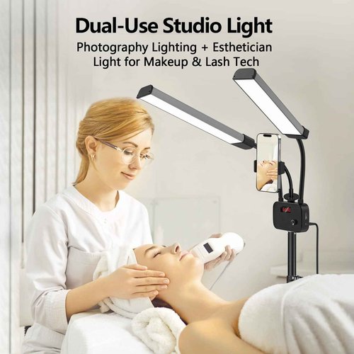 BeeMingle Selfie Light with 75'' Tripod Stand, Dimmable 3 Color LED Dual Arms Ring Light with Phone Holder & Carry Bag for Lash Tattoo Video Photography 45W 95CRI Tripod Floor Lamp