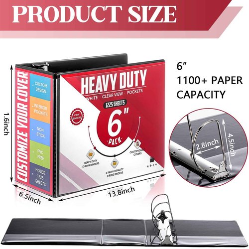Sinload 4 Pcs 6 Inch Large Ring Binders with Pockets 3 Ring Binder 8.5" x 11" Presentation Folder View Binder with Customizable Clear Cover for Documents Files Projects (Black)