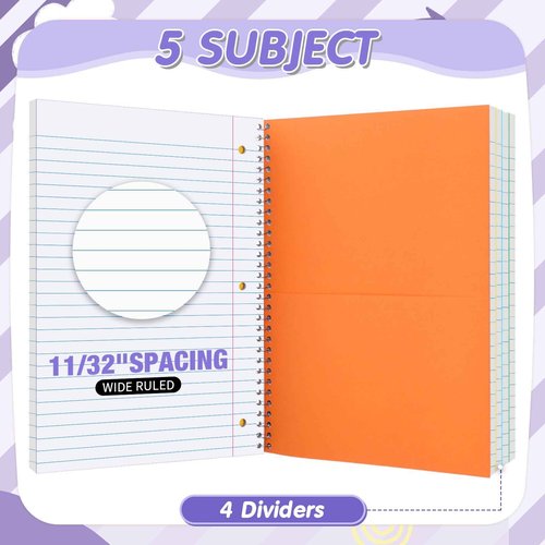 Fulmoon 20 Pcs 5 Subject Notebook Spiral Notebooks for School Office Hardcover Spiral Lined Notebook for Work, 240 Pages/ 120 Sheets, 8 x 10-1/2", 3 Hole Punched, 4 Removable Dividers(Wide Ruled)