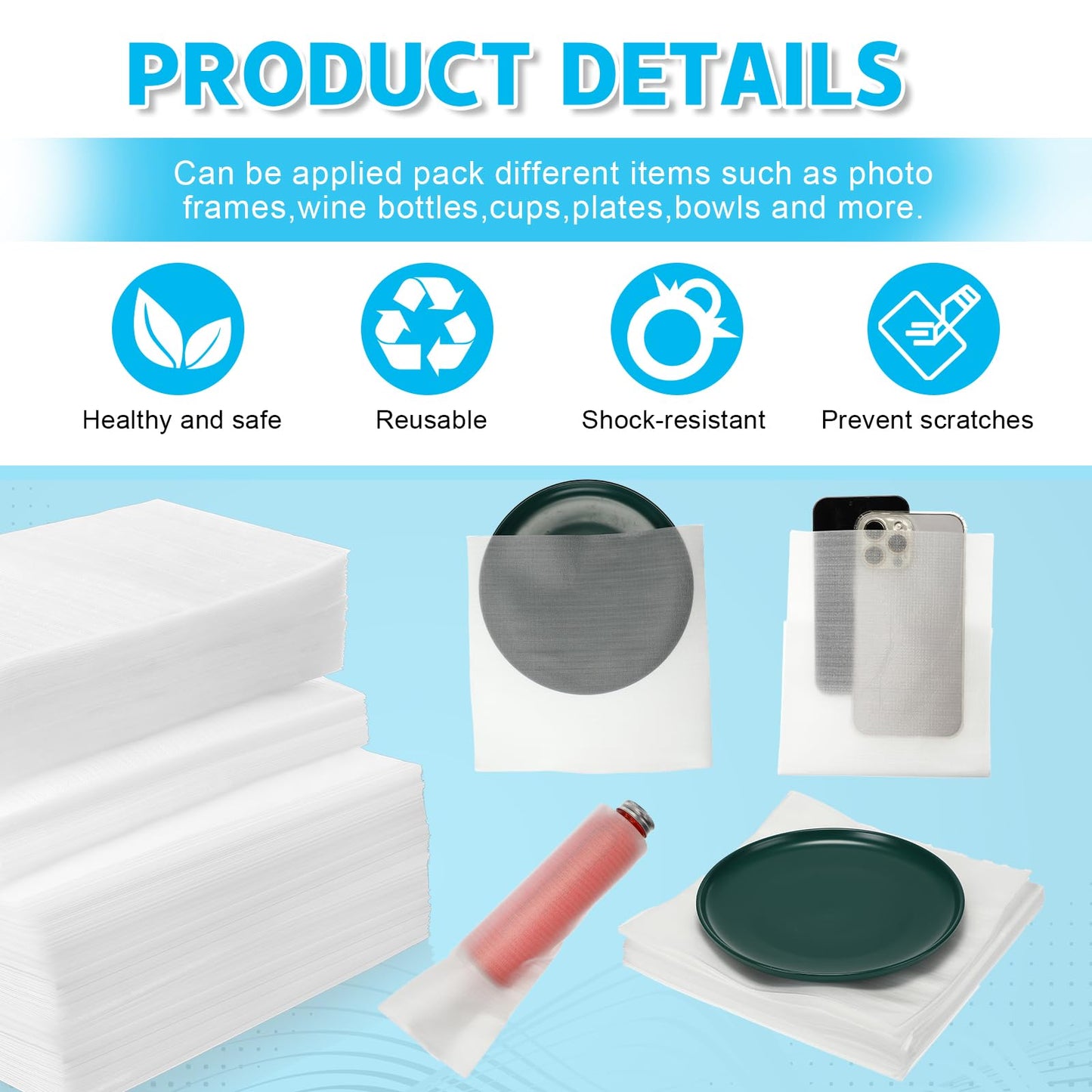 Crtiin 300 Pcs Foam Pouches 4 Sizes Cushion Wrap Pouches Packing Foam Sheets for Dishes Furniture Glasses Cups Plates Moving Shipping Packaging