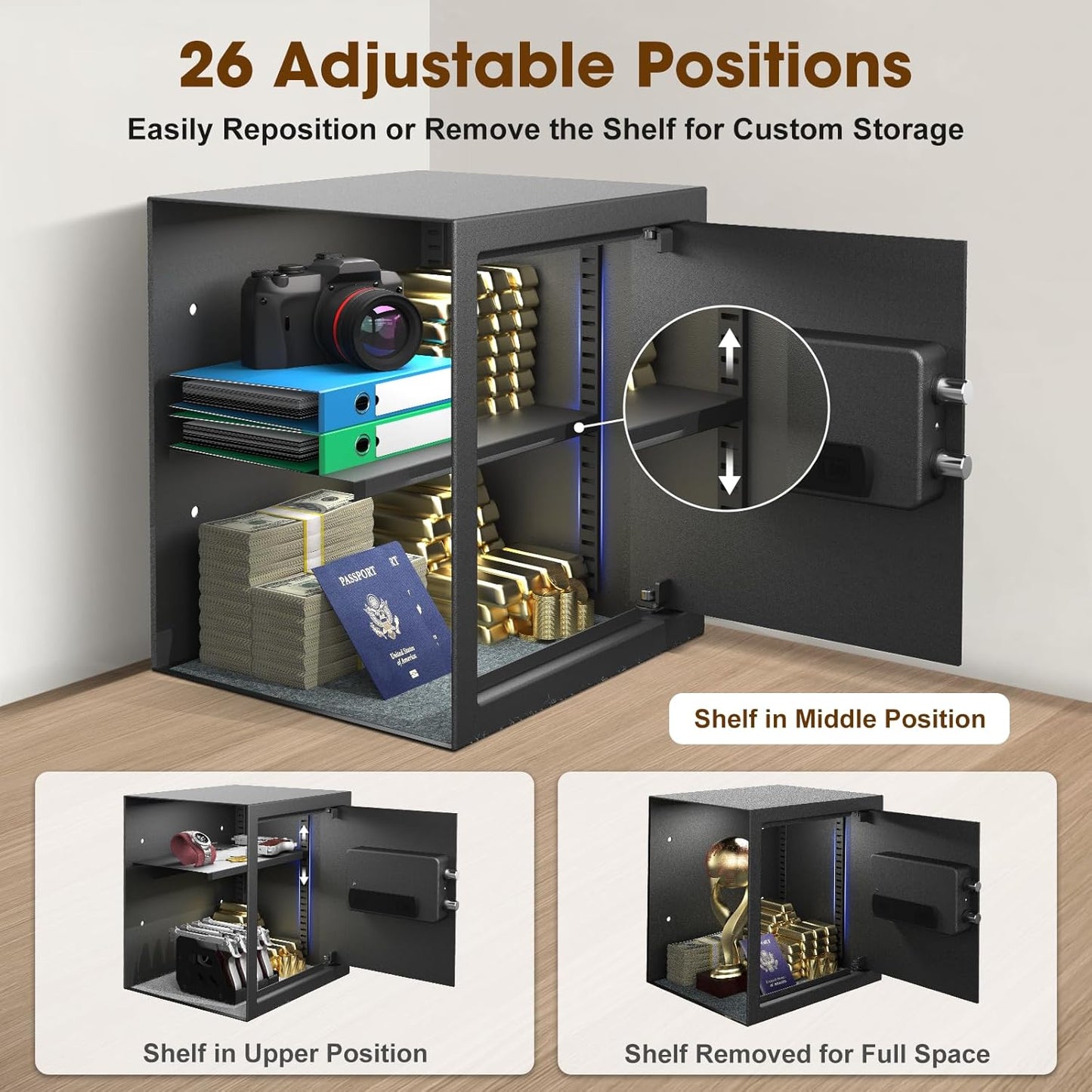 <1.6 cu.ft.>Goldenkey Digital Safe with Electronic Keypad, Document Safe with Removable Shelf, Personal Safes Box Perfect for Guns, Laptop for Home, Office, Hotel, 11.81"D x 14.96"W x 11.81"H