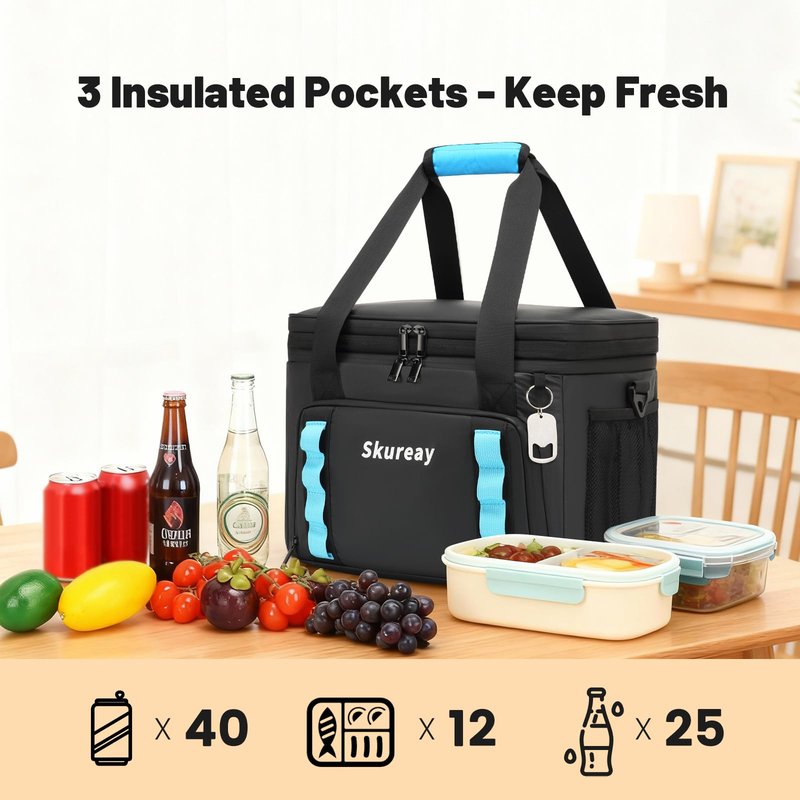Expandable Soft Cooler Bag, Double Deck Lunch Bag for Women/Man, 40 Cans, Leakproof Cooler Portable for Beach, Camping, Kayaking, Road Trips, Travel, Work (Black)