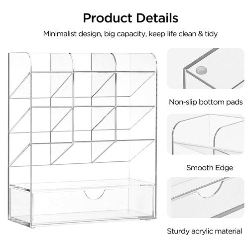 HBlife Acrylic Pen Desk Organizer with Drawer, Clear Vertical Marker Organizer with 11 Compartments, Angled Large Stationary Pencil Display Holder, Art Supplies Organizer for Desk, School and Home