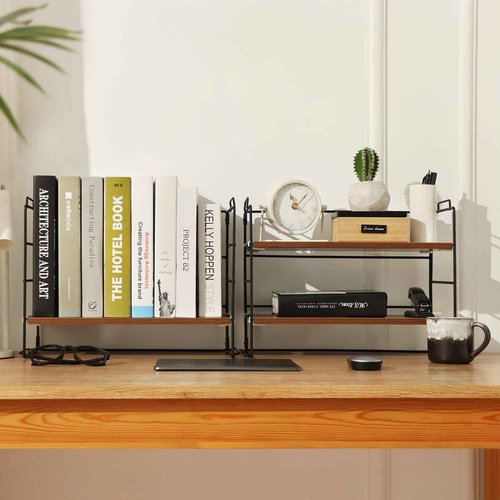 KATHY&BOB Wood Desk Shelf Organizer, 2-Tier Desktop Supplies Storage Rack, Adjustable Stackable Desk Shelf for Office, Kitchen, Bathroom, 15.75"*12.2"*7.87" (2 Sets)