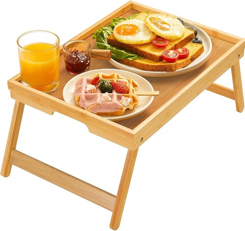 Pipishell Bamboo Bed Tray Table - Foldable Legs & 3-Tier Rolling Cart Organizer for Easy Storage