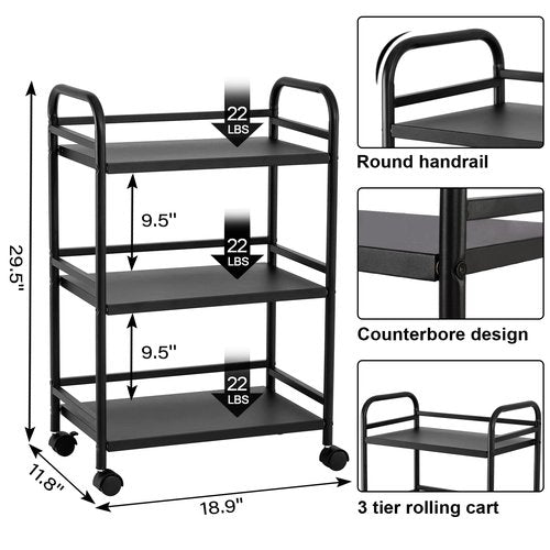 DCLRN 3 Tier Rolling Cart,Storage Organizer Cart,Multifunctional Storage Shelves,Rolling Metal Organization Cart with Handle and Lockable Wheels,for Home,Office,Kitchen,Bathroom(Black)