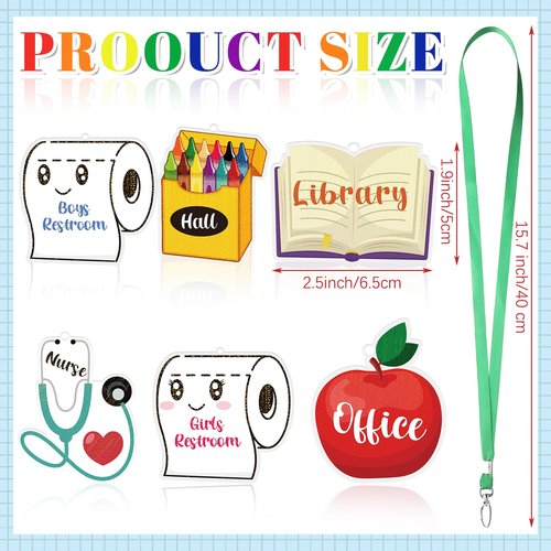 Weekgrat 6 Sets Acrylic Back to School Hall Pass Lanyards Unbreakable School Passes Set for Teachers Cute Classroom Passes for Bathroom, Office, Library and Nurse Classroom Supplies(Cute)