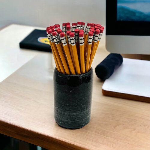 Hapton House Black Natural Marble Pen Holder - Pencil Holder - Makeup Brush Holder - Toothbrush Holder - Office and Bathroom Organizer - Home Décor