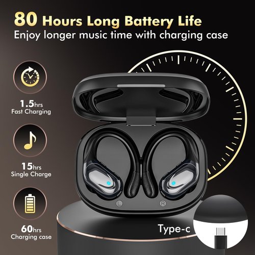 HAOYUYAN Wireless Earbuds, Sports Bluetooth Headphones, 80Hrs Playtime Ear Buds with LED Power Display, Noise Canceling Headset, IPX7 Waterproof Earphones for Workout/Running Black