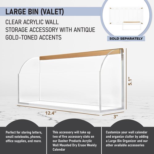 Acrylic Storage Bin for Clear Wall Calendar, 12.4" x 3" x 5.1" Organizer with Gold-Tone Hardware for Pens, Pencils, Office Supplies, and Art Supplies. Perfect Accessory for Home & Office (Storage Bin)