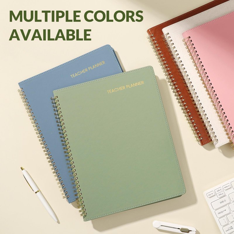 SUNEE Teacher Planner 2026-2027 Academic Year with 7 Periods, Jul 2026 - Jun 2027 Lesson Planner Book 8.5"x11" School Agenda with Subjects, Teacher Calendar with Vegan Leather Cover, Color Tabs, Green