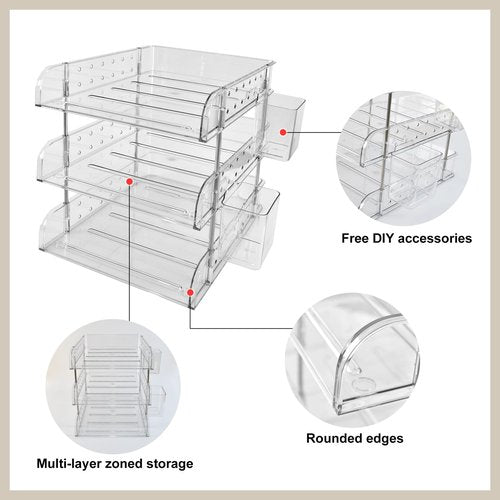 3 Tier Desktop File Organizer, Acrylic Clear Stackable Desktop Paper Organizer Letter Tray Shelf with Pen Holder, Pegboard Shelf Office Organizer for File Paper, Letter, A4 Office File, Books, Notes
