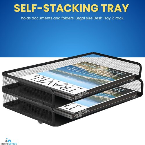1InTheOffice Desk Trays - Stackable Black Wire Mesh Paper Organizer | Legal Size, 2 Pack