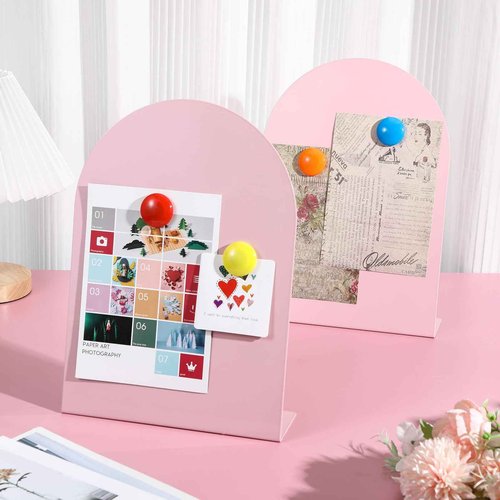 Shimeyao 2 Pcs Pink Magnetic Bulletin Board for Tabletops with 8 Magnets 12 x 8.5 Inch Memo Display Easel Stand for Home Office School Kitchen Table Supplies (Arched)