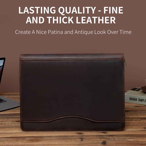 YIWEN Handmade Crazy-Horse Leather 3 Ring Binder Portfolio Padfolio Folder with Zipper for Men and Women, Business Organizer for Letter A4 Size for Meeting and Travel (Non-Custom, Dark Brown)