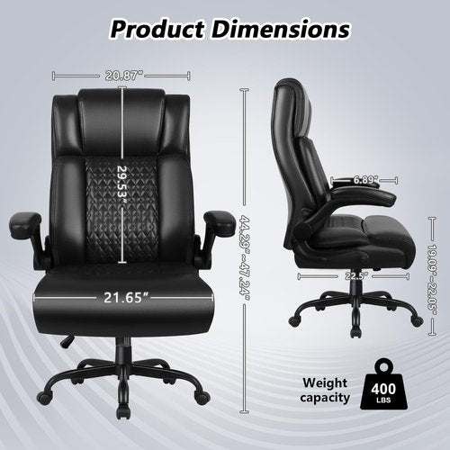 Big and Tall Office Chair, Ergonomic Leather Office Computer Desk Chair, Black Heavy Duty Office Chair with Flip-up Armrest, Comfortable High Back Home Chair 400 LBS with Lumbar Support