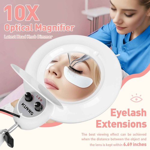 KUVRS 10X Magnifying Floor Lamp with Light, 5 Wheel Rolling Base Esthetician Light, 2200 Lumens Infinite Warm & Cold Dimming LED Magnifier, Standing Mag Lamp for Sewing Drawing Crafts Facial Nail